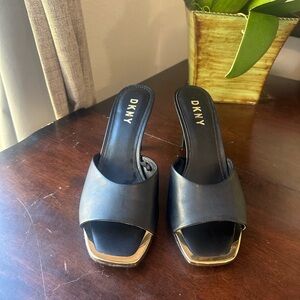 DKNY Black Leather Slide Mules with Gold Toe Trim
